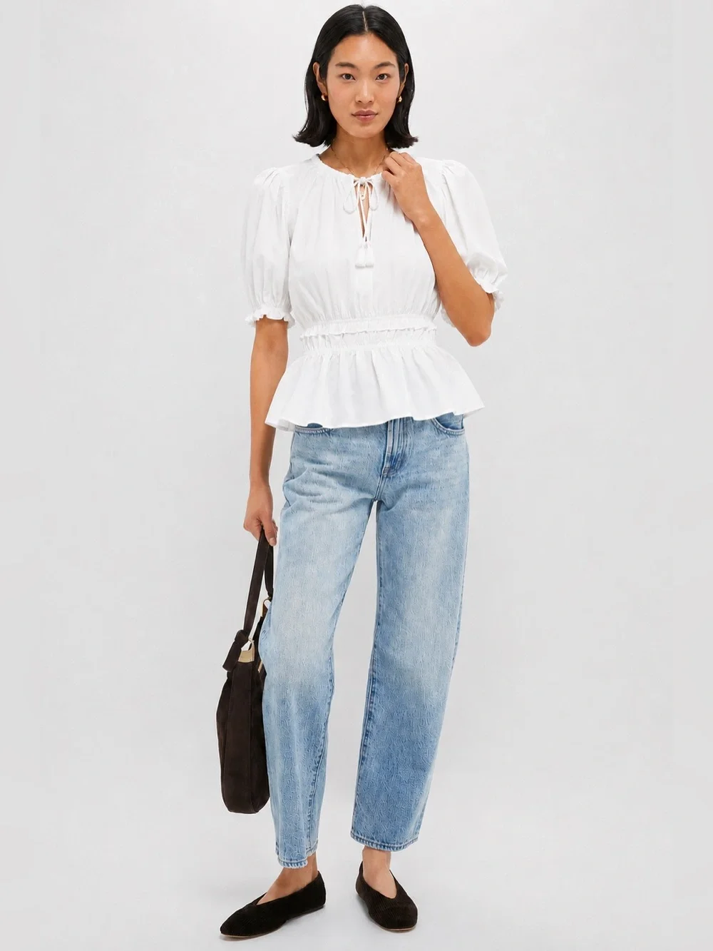 NEW Tuckernuck Moon River Tie Neck Gathered Puff Sleeve Blouse NWT